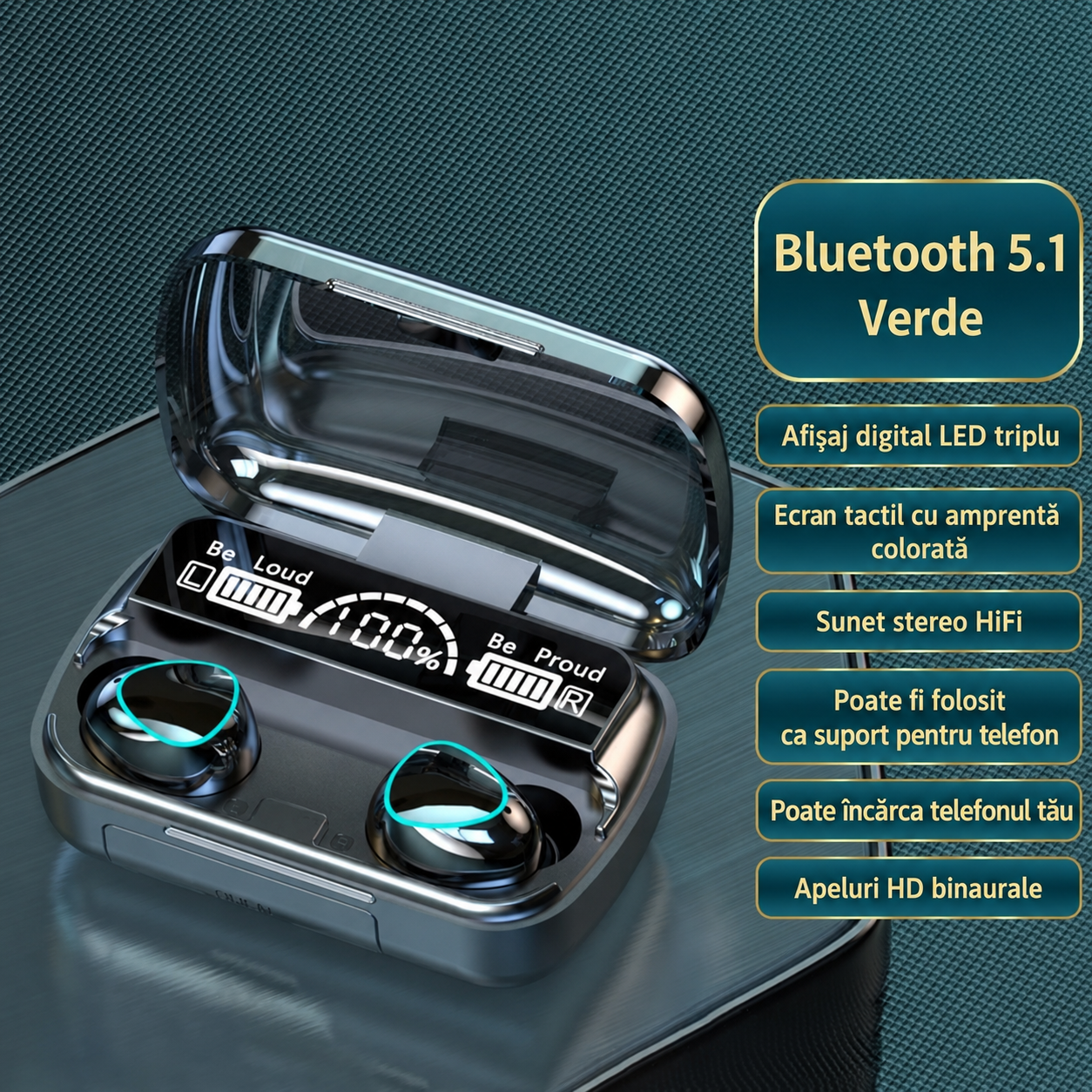 Căști Wireless Ultra Rezistente Afișaj Dual Autonomie Mare Panou Tactil